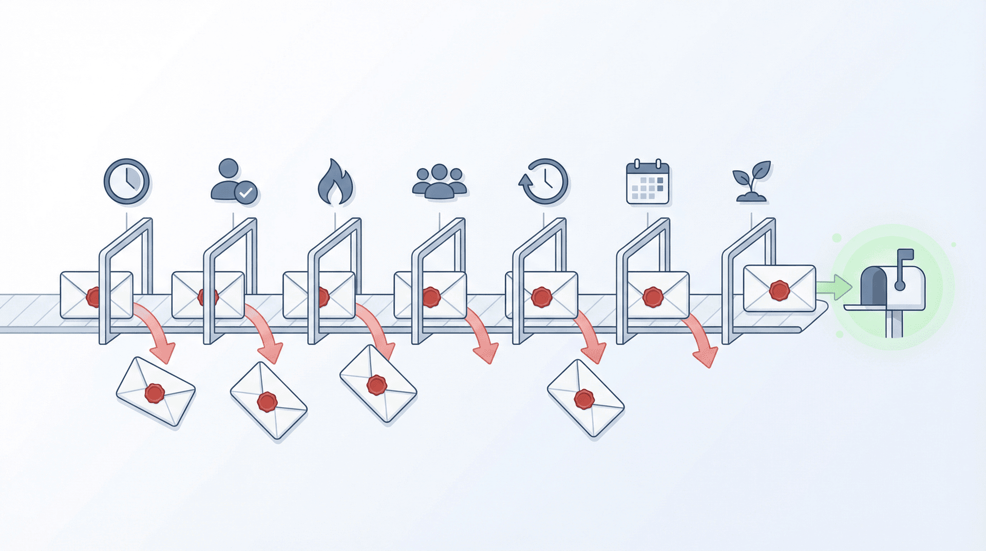 Illustration of email envelopes blocked at different checkpoints representing the common reasons Gmail out-of-office auto-replies fail to send