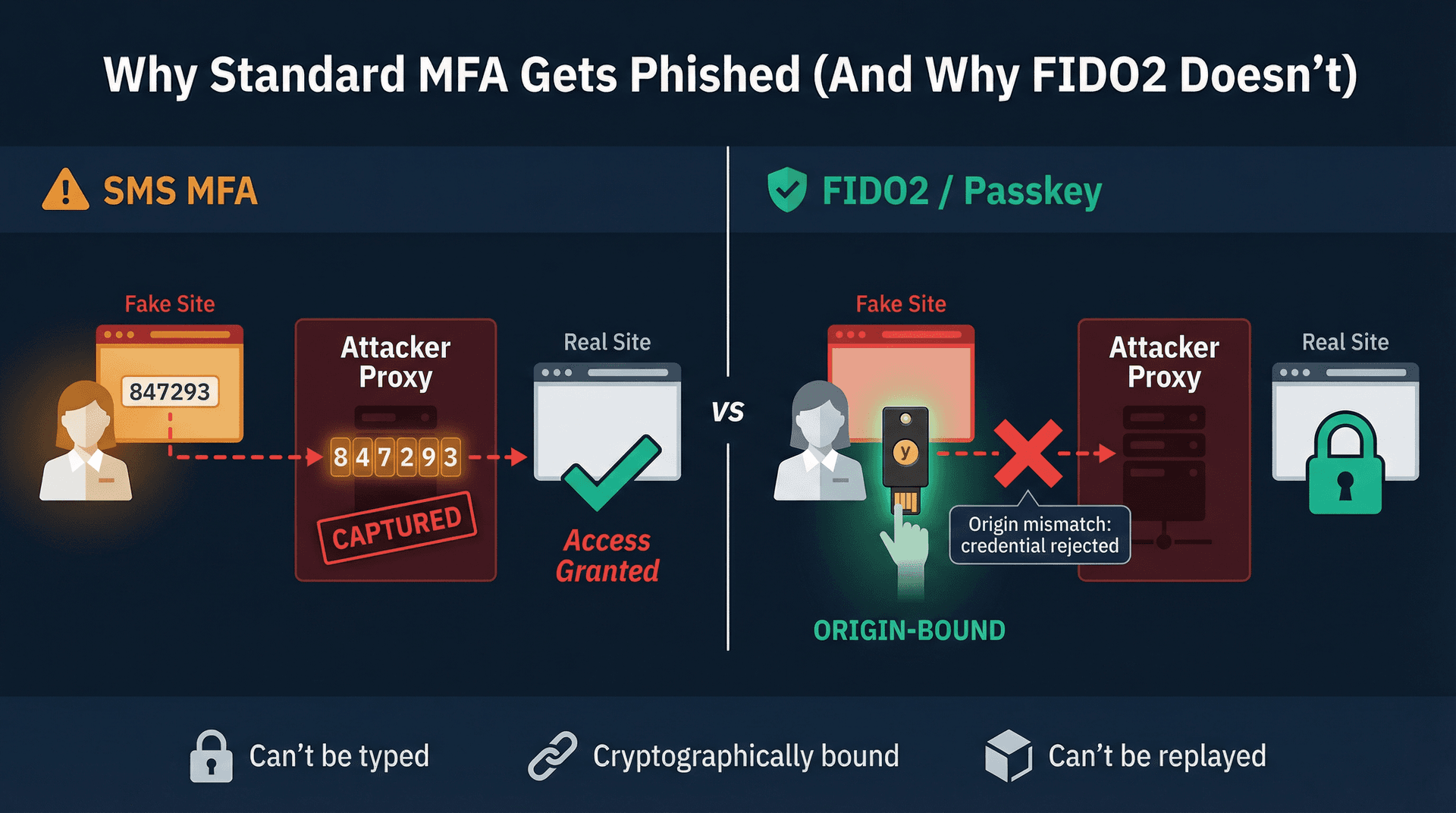 SMS MFA captured by attacker proxy vs FIDO2 security key blocking replay attacks via cryptographic origin binding