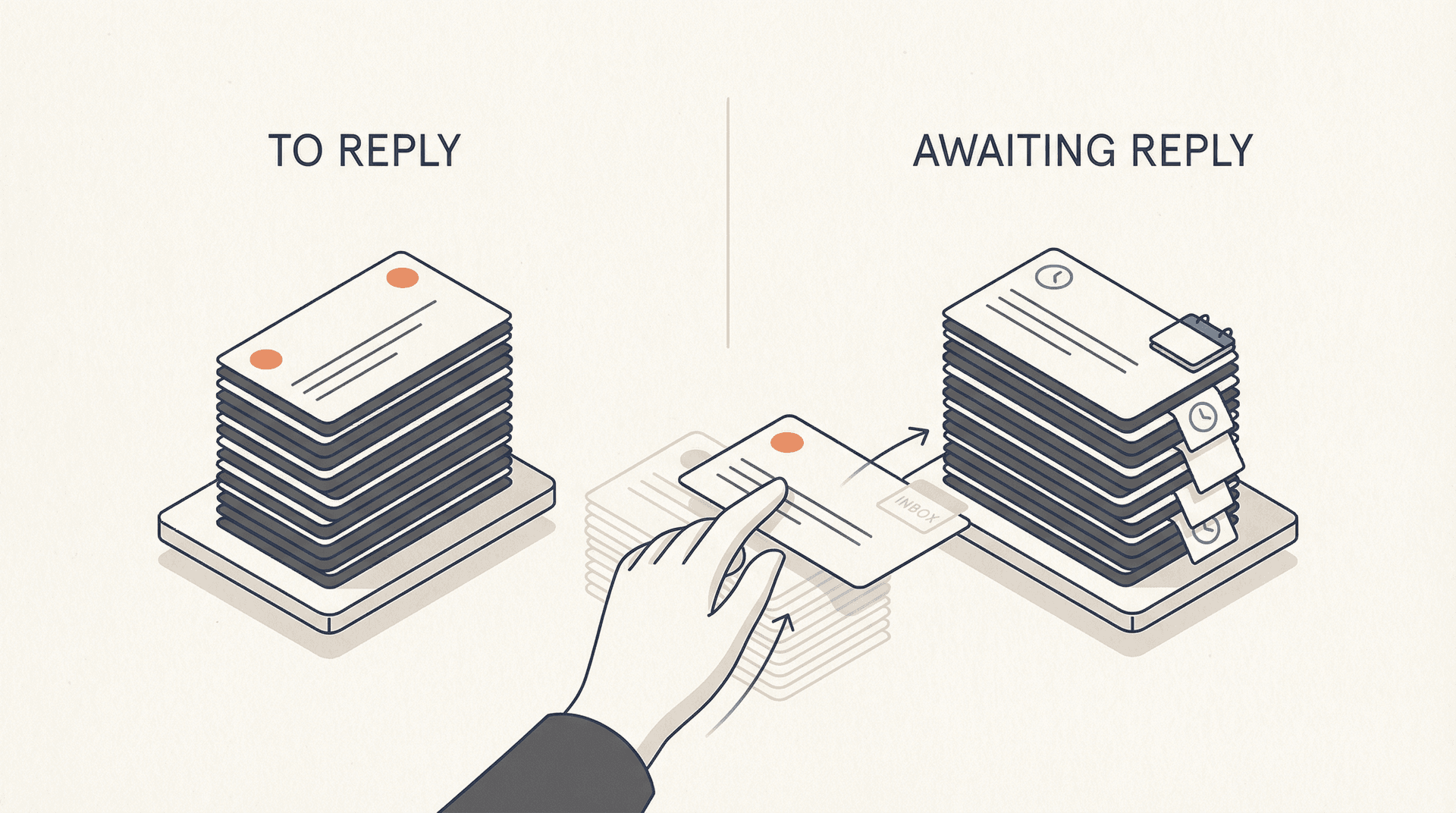 Editorial illustration of an EA's inbox with two clearly labeled email piles: To Reply and Awaiting Reply, representing Waiting as a first-class inbox state