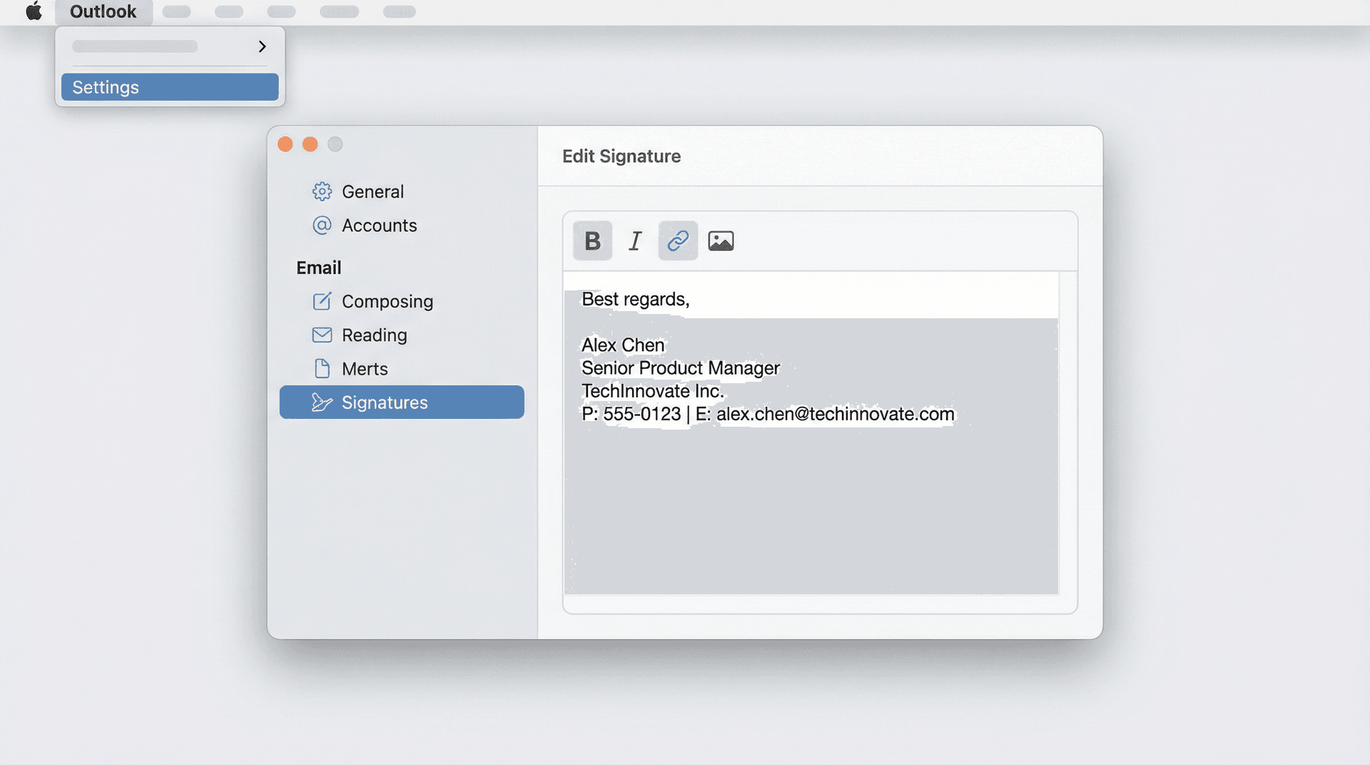 Outlook for Mac signature settings panel showing the Outlook > Settings > Signatures navigation path and signature editor
