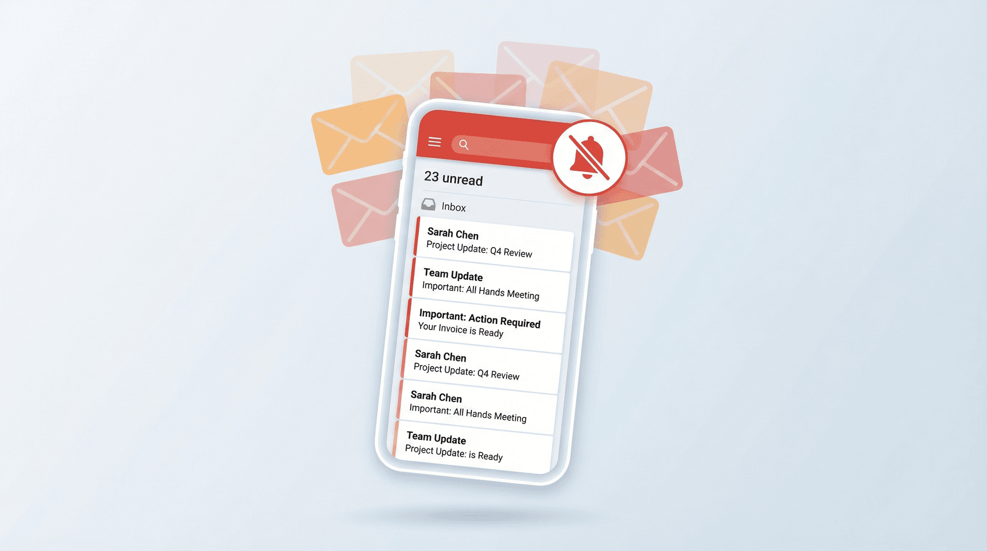 Smartphone displaying Gmail app with disabled notification bell icon and stack of unread emails in background