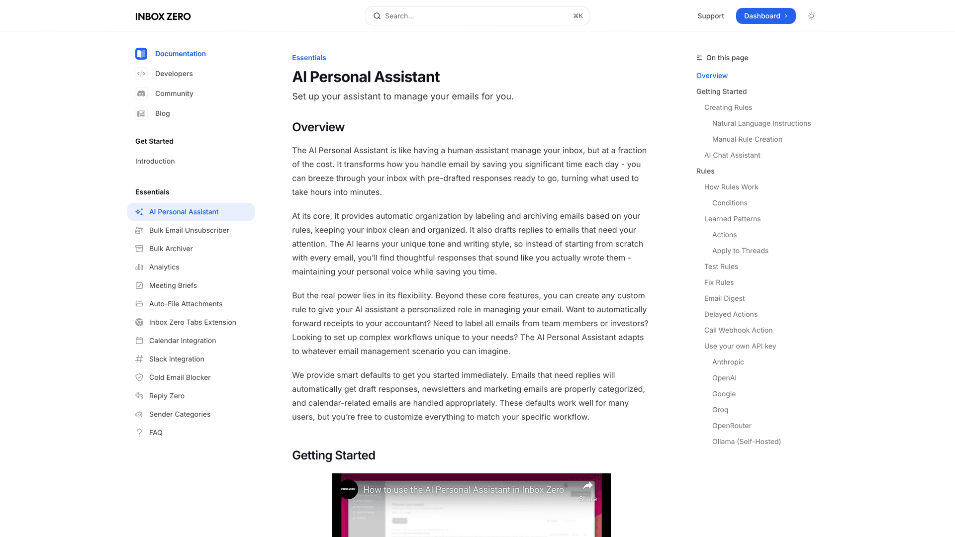 Inbox Zero AI Personal Assistant documentation page showing how to configure automated email rules in plain English for Gmail and Microsoft 365