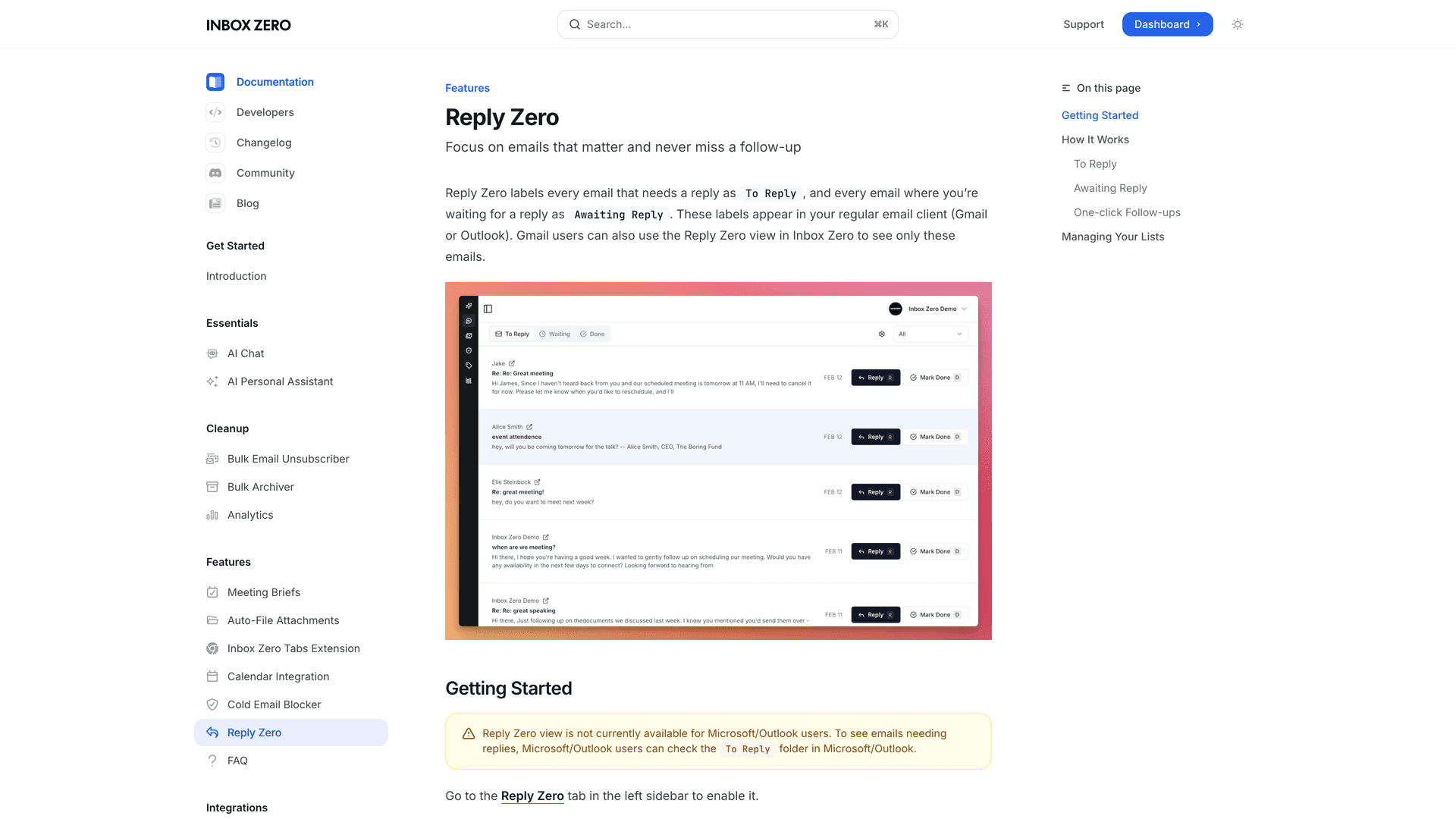 Inbox Zero Reply Zero documentation page showing To Reply and Awaiting Reply email labels with a focused email triage interface